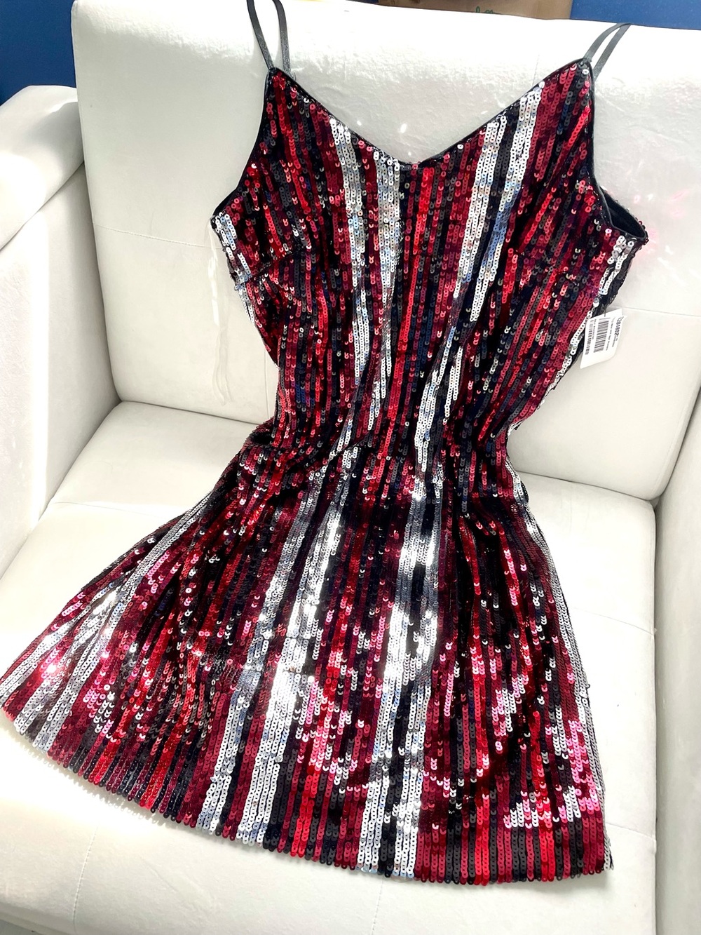 NWT BAR 111 red silver black sequined vertical stripe shift mini dress L